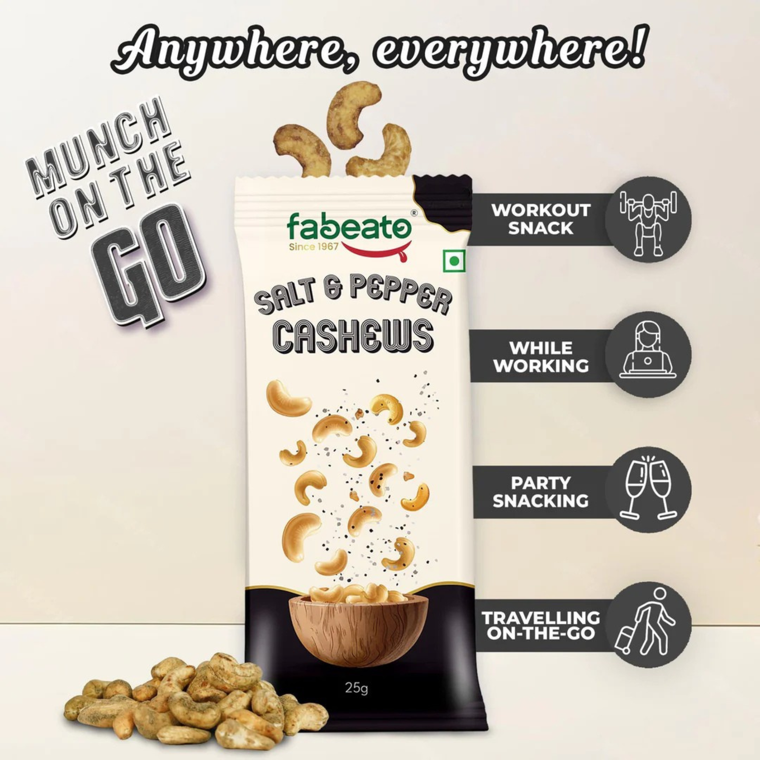 Munch on the Go Snack Premium Salt and Pepper Cashews (Pack of 6x25g each)