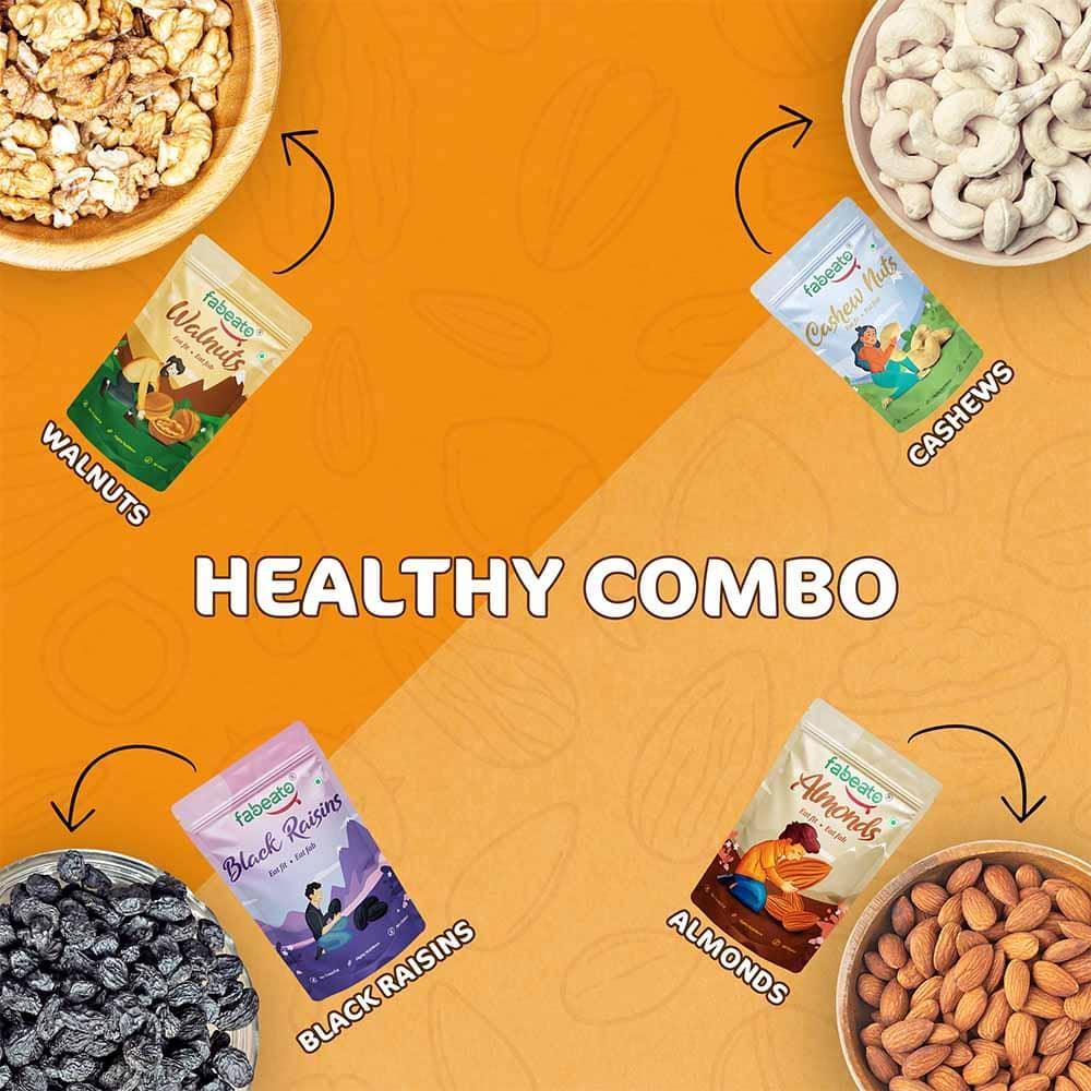 Premium Dry Fruits and Nuts Combo Almonds, Cashews, Walnut Kernels, Seedless Black Raisins (4 x 200g) - Fabeato