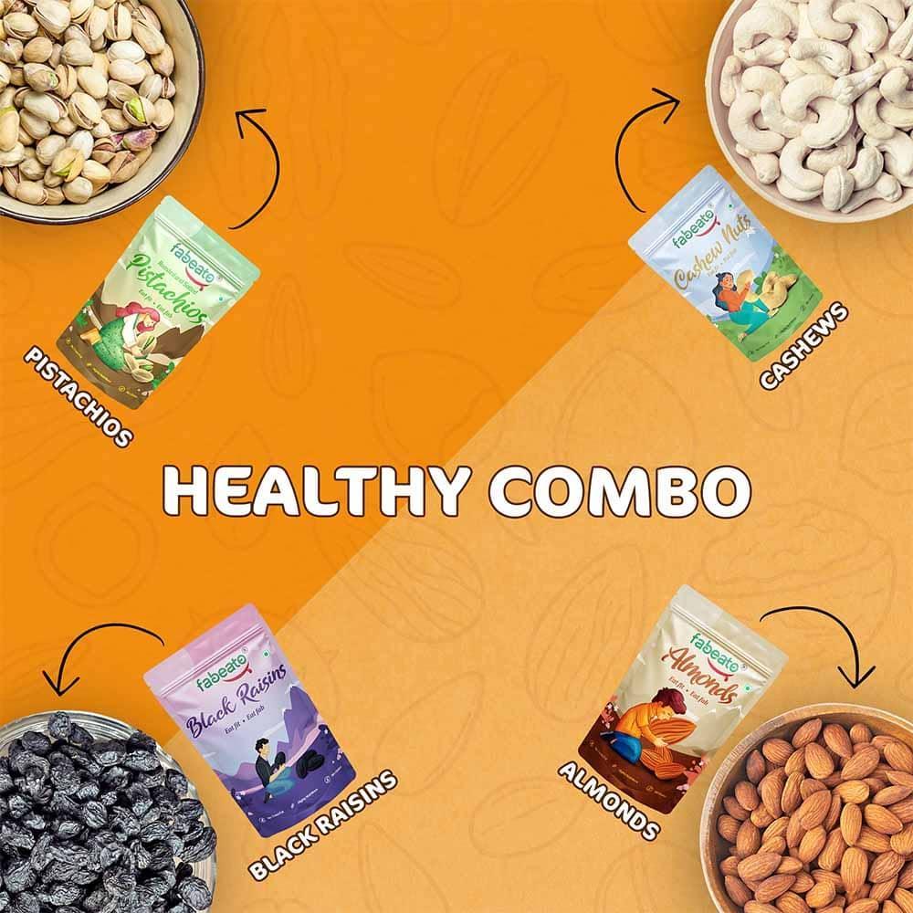 Premium Dry Fruits and Nuts Combo Almonds, Cashews, Pistachios, Seedless Black Raisins (4 x 200g) - Fabeato