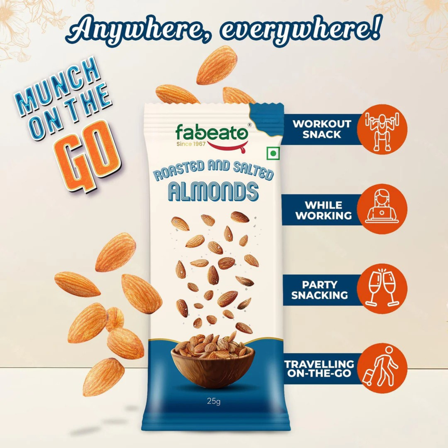 Munch on the Go Snack Premium Roasted and Salted Almonds (Pack of 6x25g each)