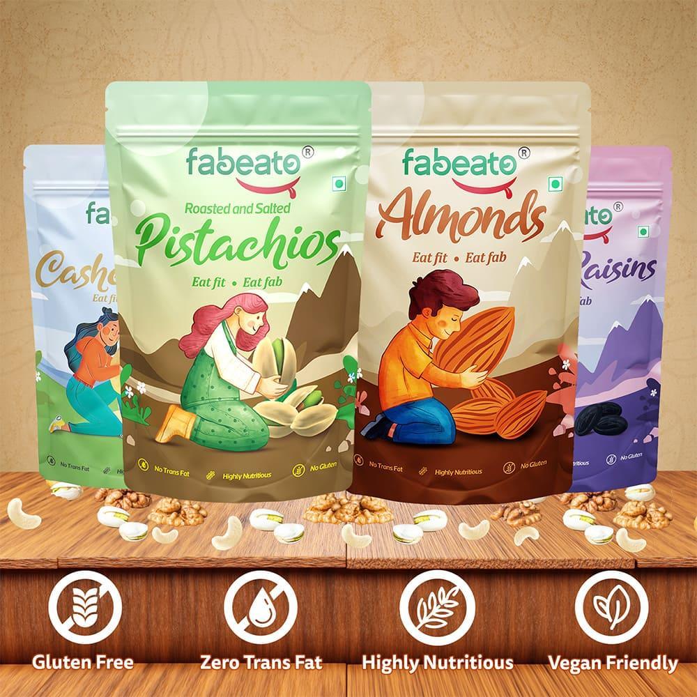 Premium Dry Fruits and Nuts Combo Almonds, Cashews, Pistachios, Seedless Black Raisins (4 x 200g) - Fabeato