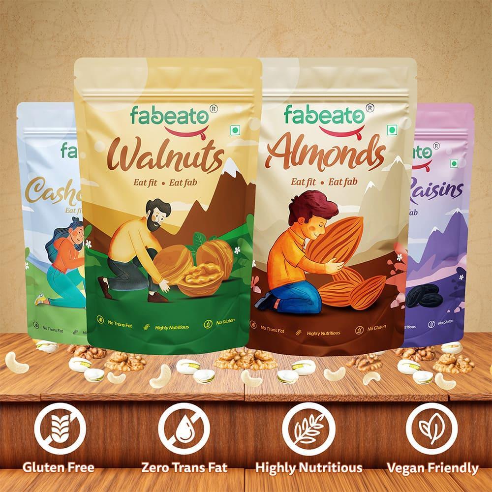 Premium Dry Fruits and Nuts Combo Almonds, Cashews, Walnut Kernels, Seedless Black Raisins (4 x 200g) - Fabeato