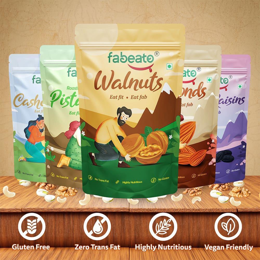 Dry Fruits & Nuts Combo Almonds, Cashews, Pistachios, Walnut Kernels, Seedless Black Raisins (5 x 200g) - Fabeato