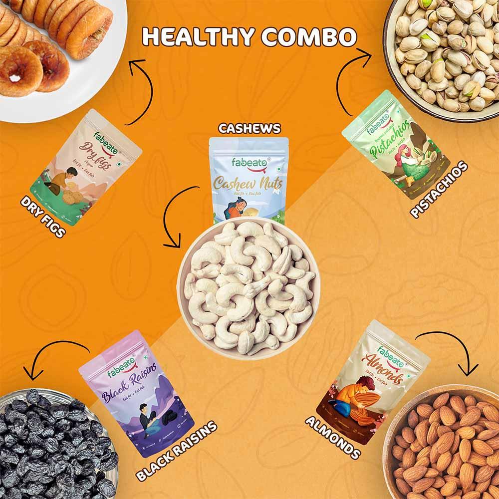 Dry Fruits & Nuts Combo Almonds,Cashews, Pistachios,Dry Fig, Seedless Black Raisins(200g x 5) - Fabeato