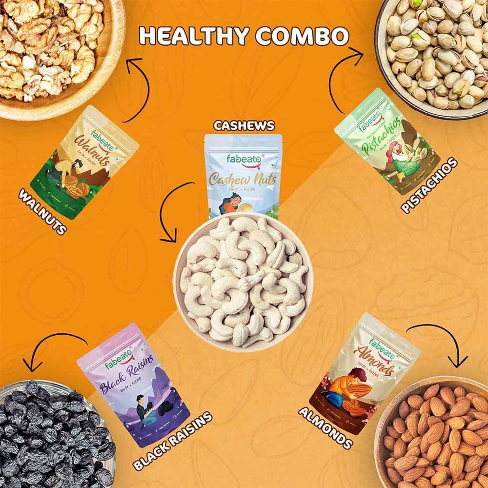 Dry Fruits & Nuts Combo Almonds, Cashews, Pistachios, Walnut Kernels, Seedless Black Raisins (5 x 200g) - Fabeato
