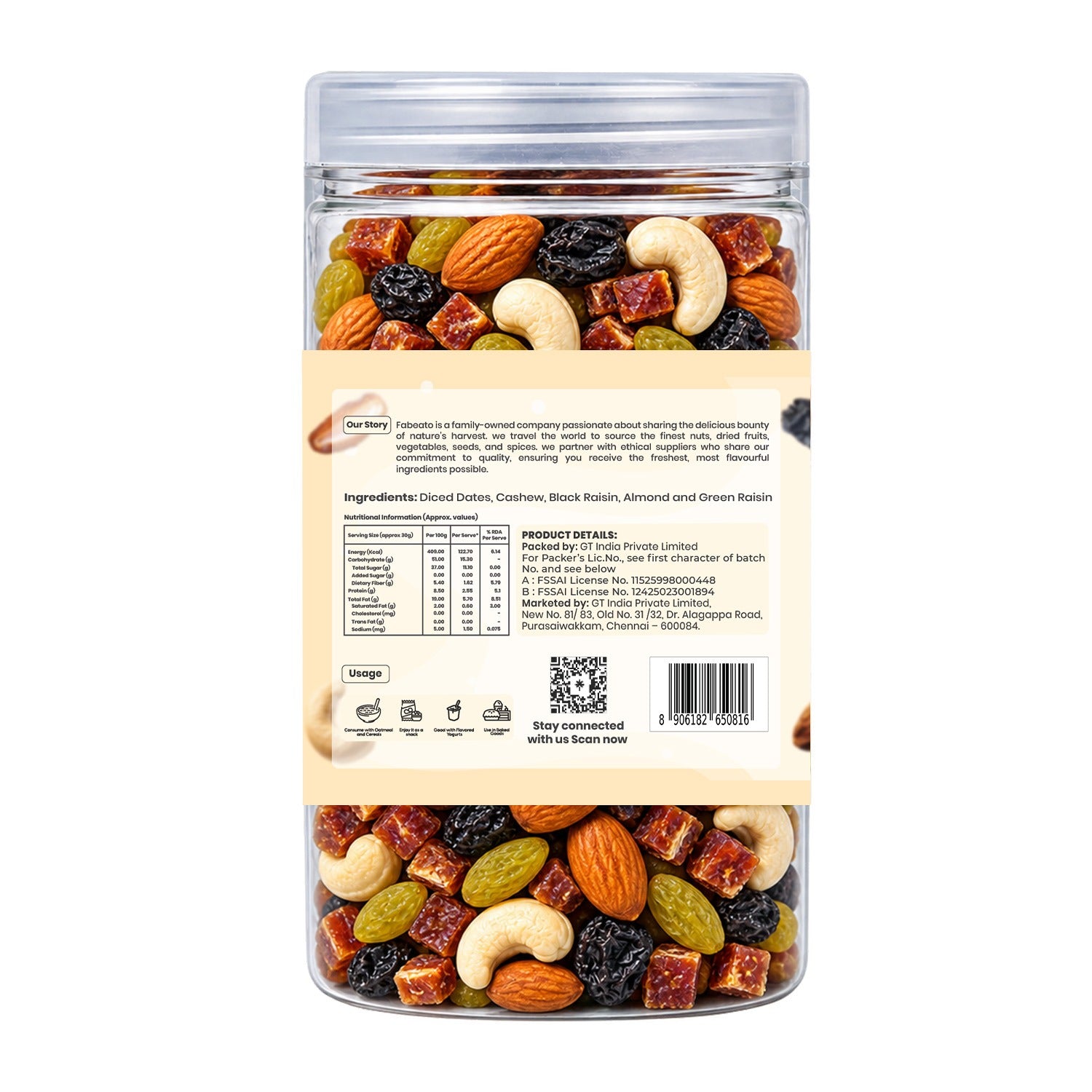 Fabeato Panchmeva Dry Fruit Mix 425g | Almonds |Cashews| Diced Dates| Green Raisins & Black Raisins| No Added Preservatives | Premium Mixed Dry Fruits for Snacking