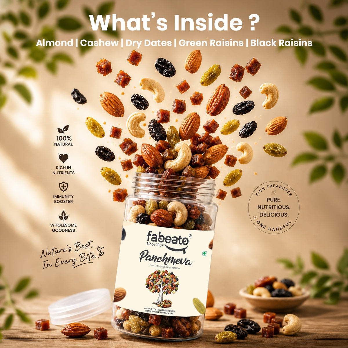 Fabeato Panchmeva Dry Fruit Mix 425g | Almonds |Cashews| Diced Dates| Green Raisins & Black Raisins| No Added Preservatives | Premium Mixed Dry Fruits for Snacking