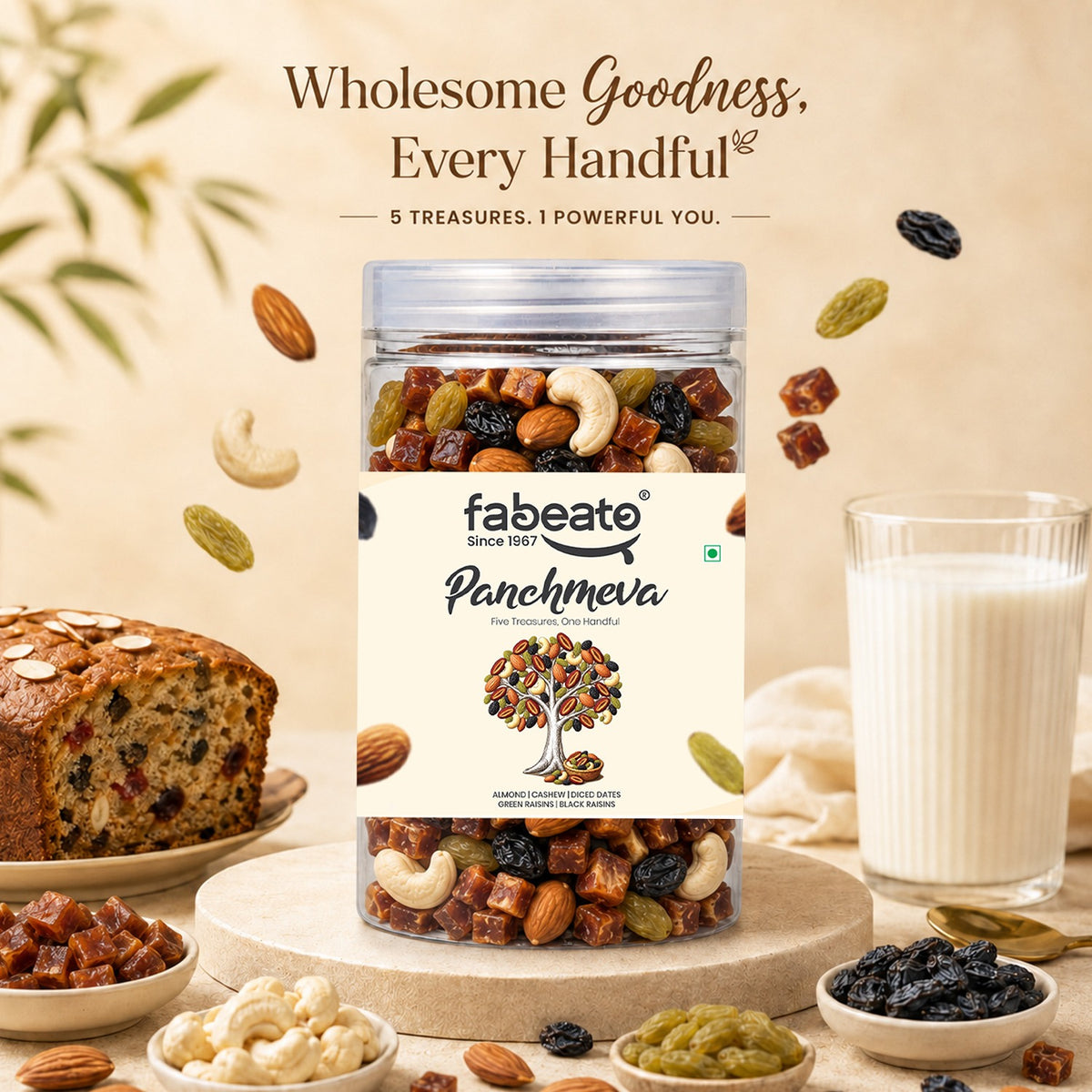 Fabeato Panchmeva Dry Fruit Mix 425g | Almonds |Cashews| Diced Dates| Green Raisins & Black Raisins| No Added Preservatives | Premium Mixed Dry Fruits for Snacking
