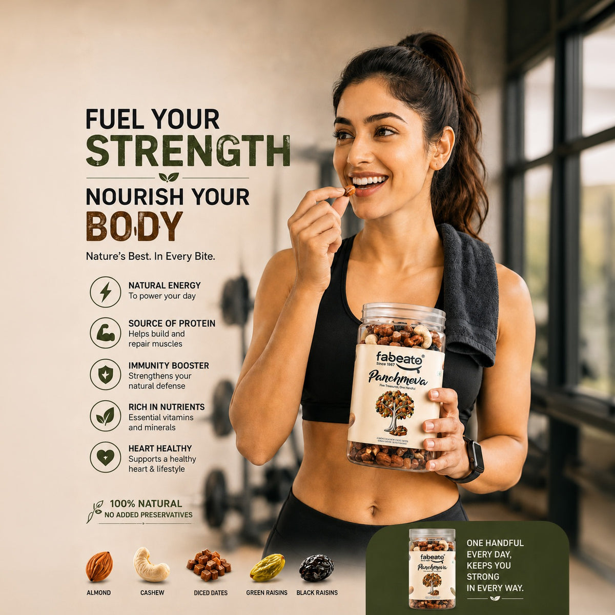 Fabeato Panchmeva Dry Fruit Mix 425g | Almonds |Cashews| Diced Dates| Green Raisins & Black Raisins| No Added Preservatives | Premium Mixed Dry Fruits for Snacking