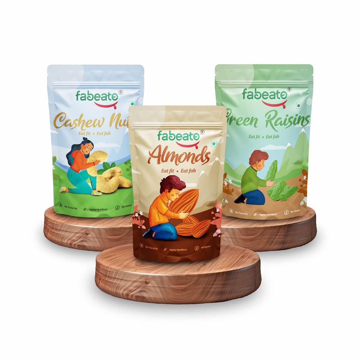 Fabeato Natural Premium California Almonds, Whole Raw Cashews, & Seedless Green Raisins (3 x 200g) - Fabeato