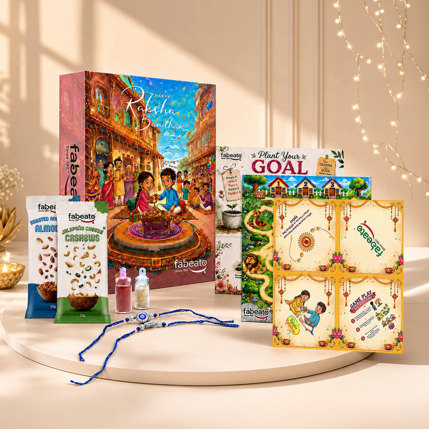 Raksha Bandhan Gift Box | Rakhi Hamper with Healthy Snacks |2 Rakhis| Roli Chawal |Goal Card | Activity Game