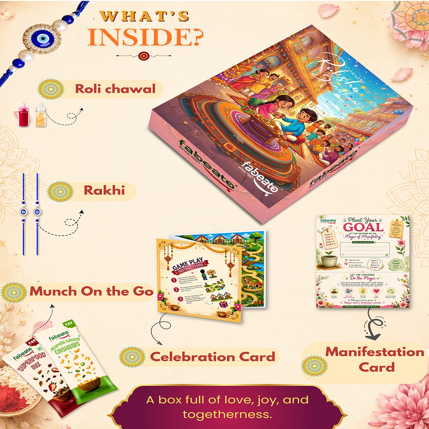 Raksha Bandhan Gift Box | Rakhi Hamper with Healthy Snacks |2 Rakhis| Roli Chawal |Goal Card | Activity Game