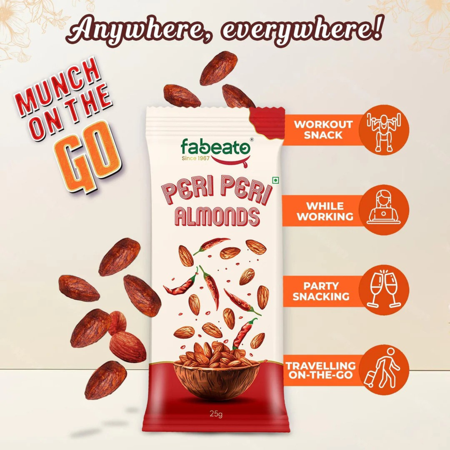 Munch on the Go Snack Premium Peri Peri Almonds(Pack of 6x25g each)