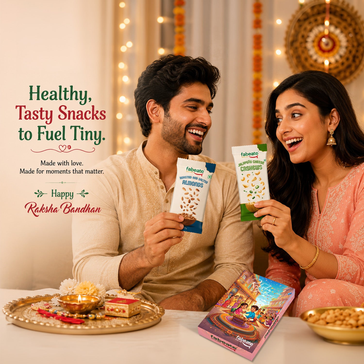 Raksha Bandhan Gift Box | Rakhi Hamper with Healthy Snacks |2 Rakhis| Roli Chawal |Goal Card | Activity Game