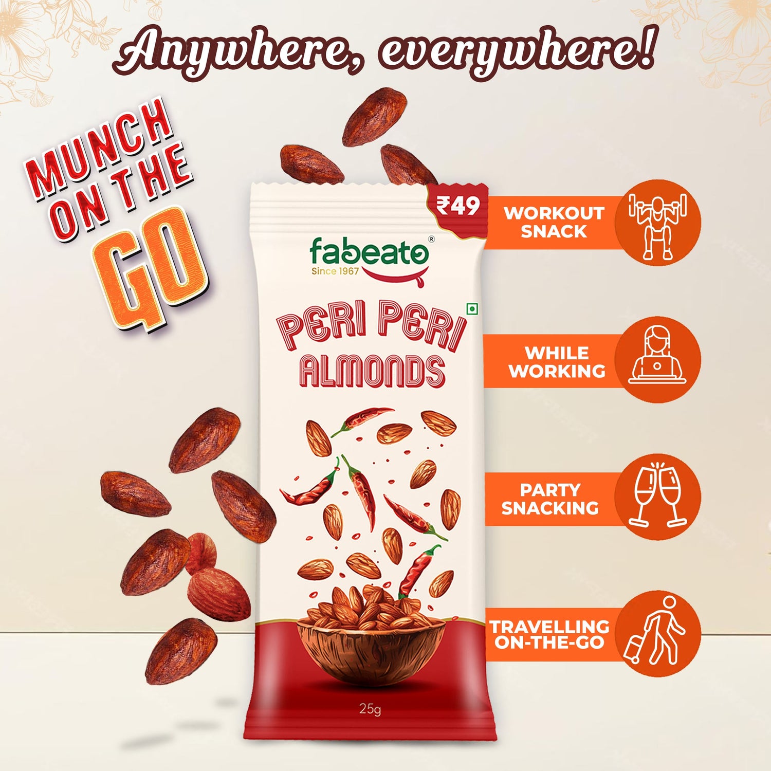 Munch on the Go Snack Premium Peri Peri Almonds(Pack of 6x25g each)