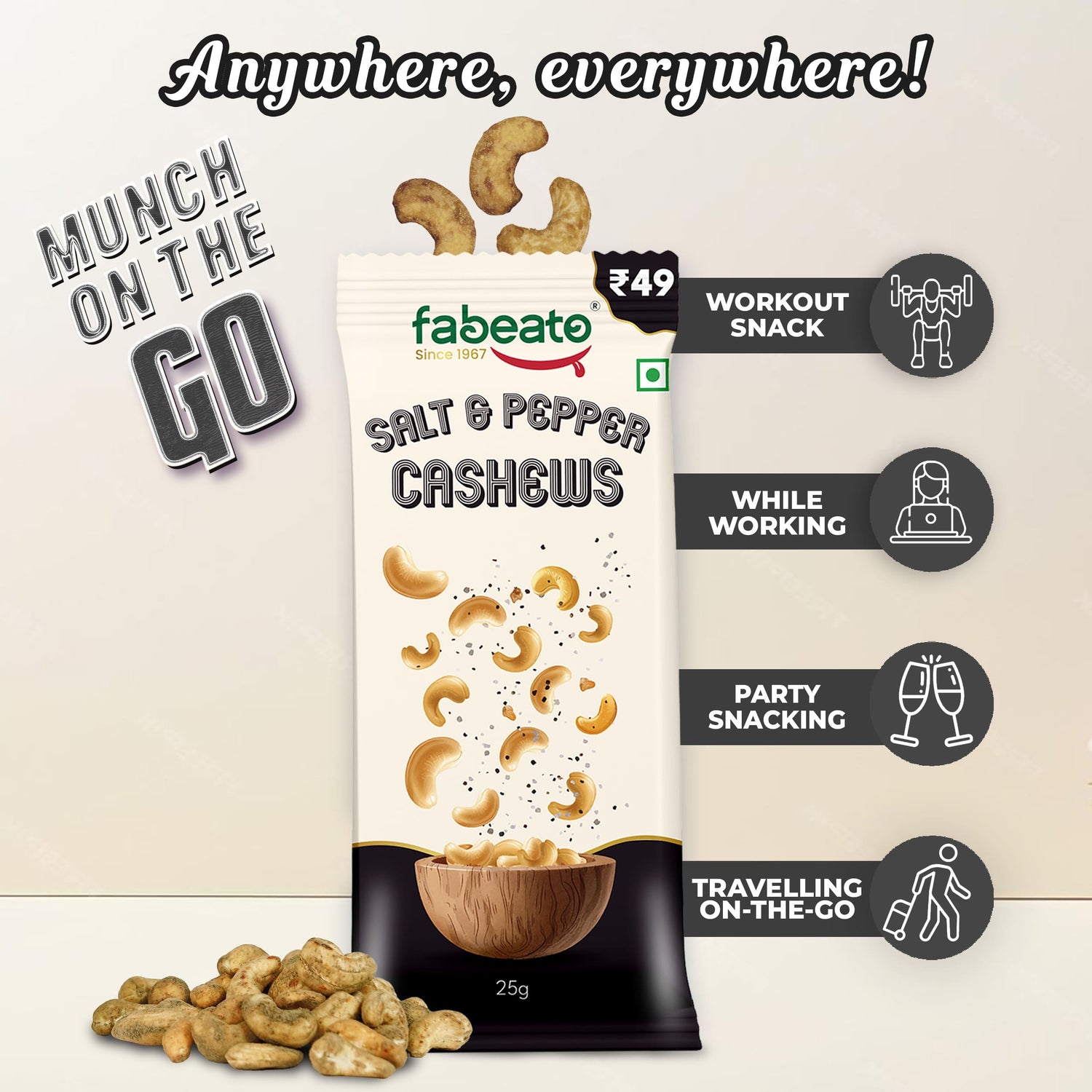 Munch on the Go Snack Premium Salt and Pepper Cashews (Pack of 6x25g each)