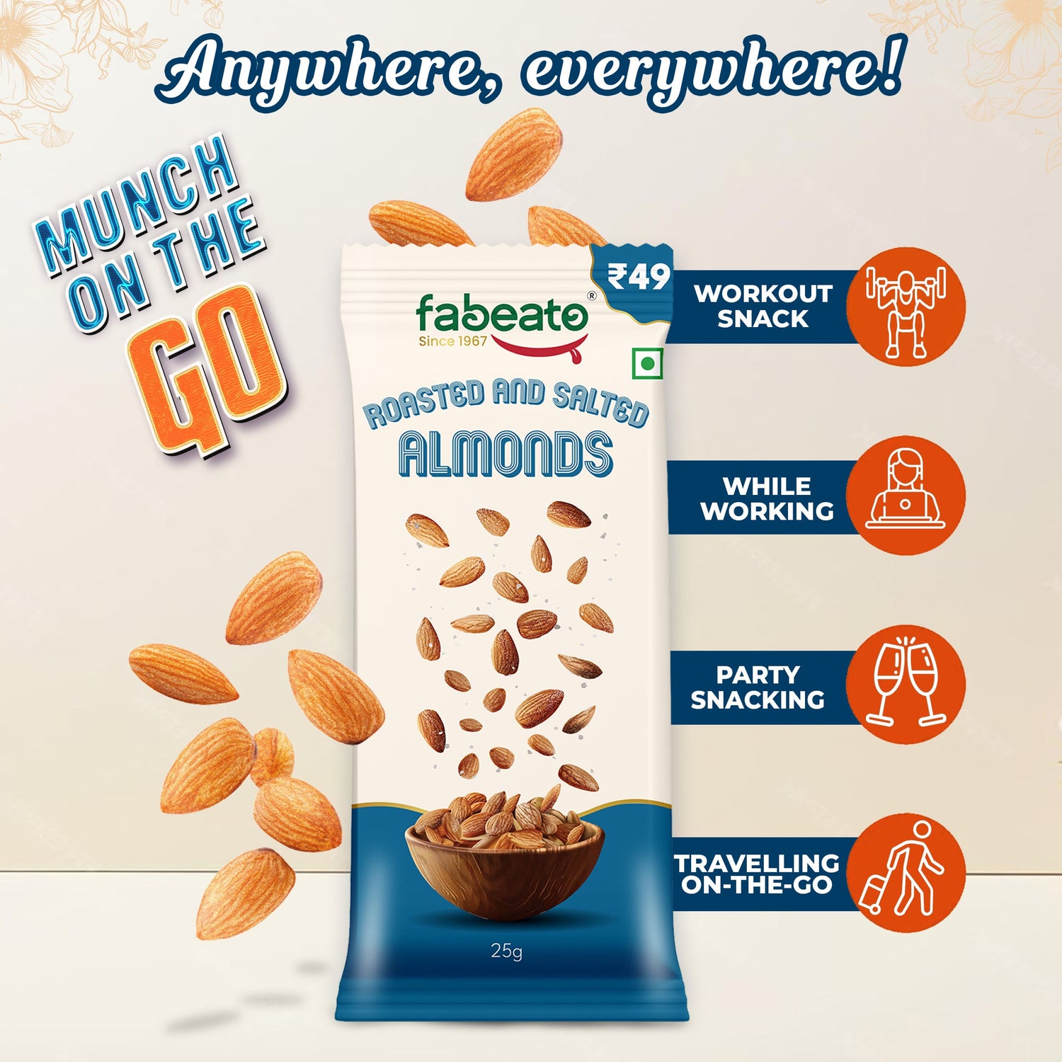 Munch on the Go Snack Premium Roasted and Salted Almonds (Pack of 6x25g each)