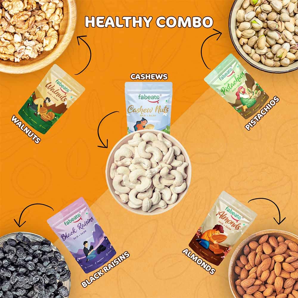 Dry Fruits & Nuts Combo Almonds, Cashews, Pistachios, Walnut Kernels, Seedless Black Raisins (5 x 200g)