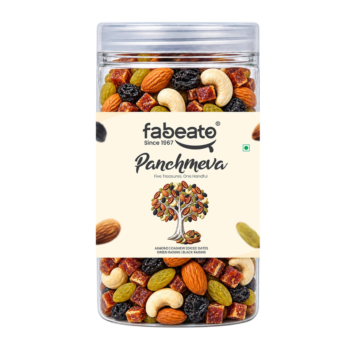 Fabeato Panchmeva Dry Fruit Mix 425g | Almonds |Cashews| Diced Dates| Green Raisins & Black Raisins| No Added Preservatives | Premium Mixed Dry Fruits for Snacking