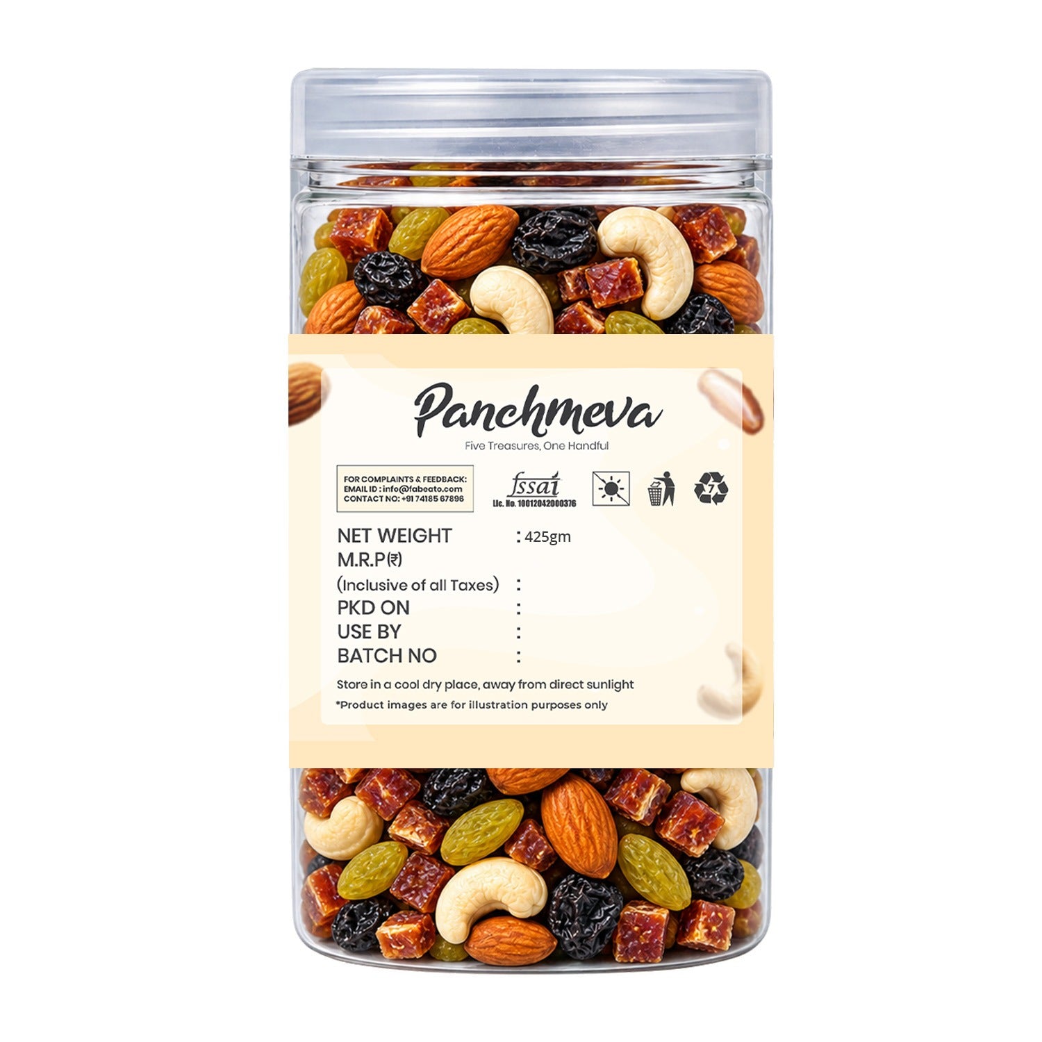 Fabeato Panchmeva Dry Fruit Mix 425g | Almonds |Cashews| Diced Dates| Green Raisins & Black Raisins| No Added Preservatives | Premium Mixed Dry Fruits for Snacking