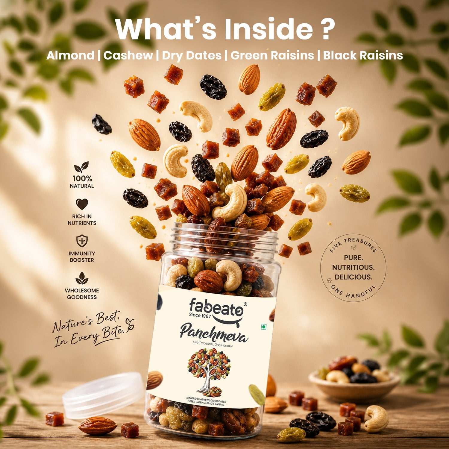 Fabeato Panchmeva Dry Fruit Mix 425g | Almonds |Cashews| Diced Dates| Green Raisins & Black Raisins| No Added Preservatives | Premium Mixed Dry Fruits for Snacking
