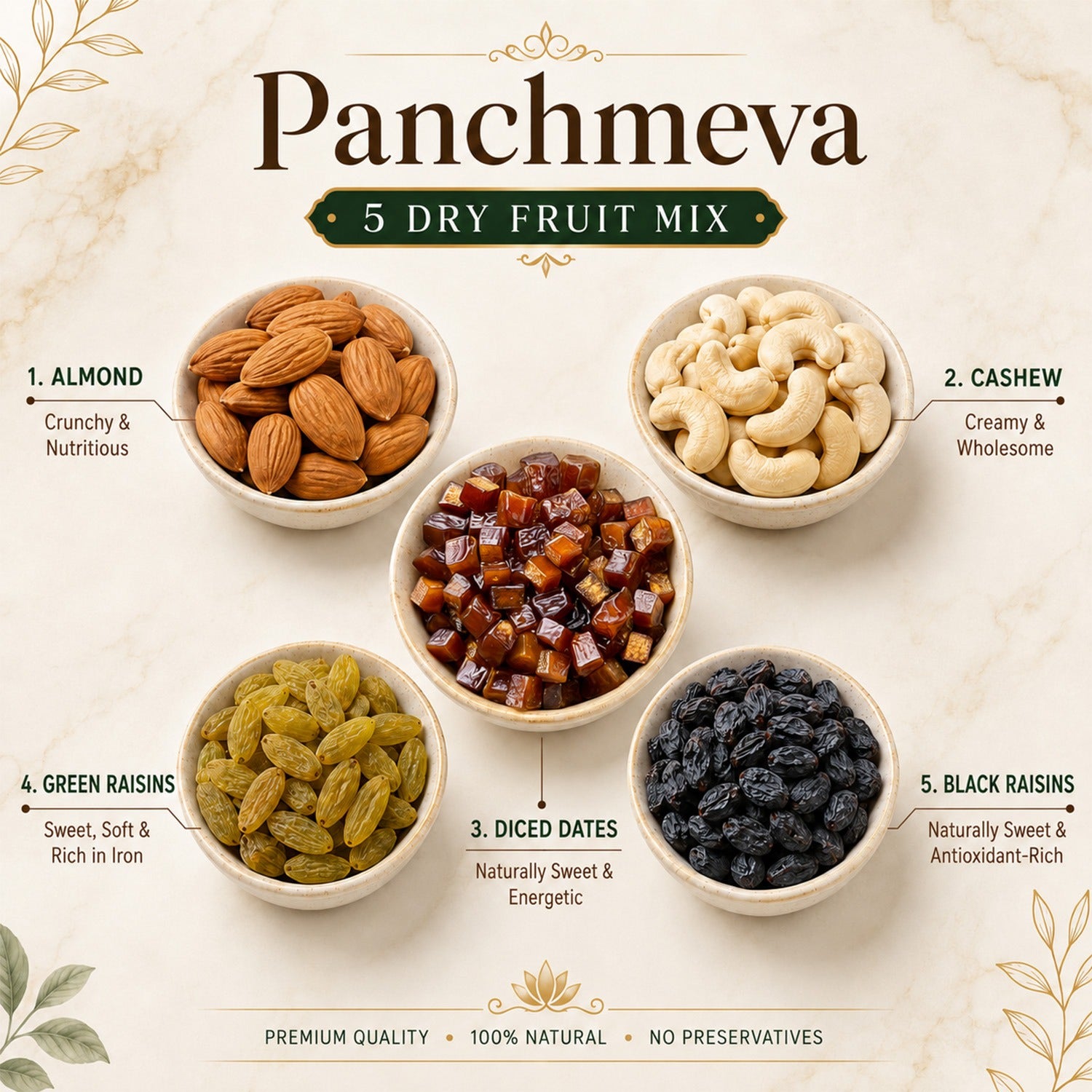 Fabeato Panchmeva Dry Fruit Mix 425g | Almonds |Cashews| Diced Dates| Green Raisins & Black Raisins| No Added Preservatives | Premium Mixed Dry Fruits for Snacking