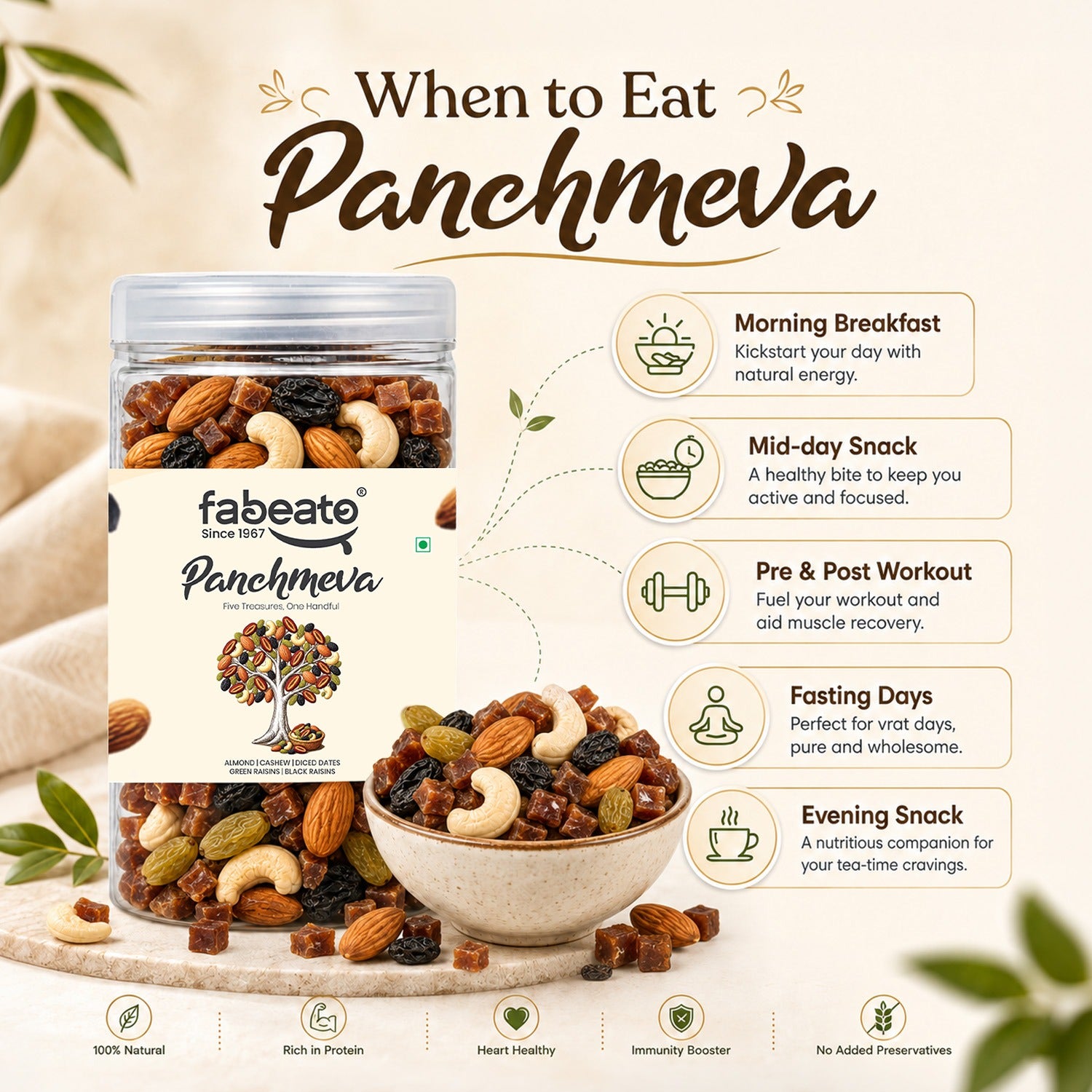 Fabeato Panchmeva Dry Fruit Mix 425g | Almonds |Cashews| Diced Dates| Green Raisins & Black Raisins| No Added Preservatives | Premium Mixed Dry Fruits for Snacking